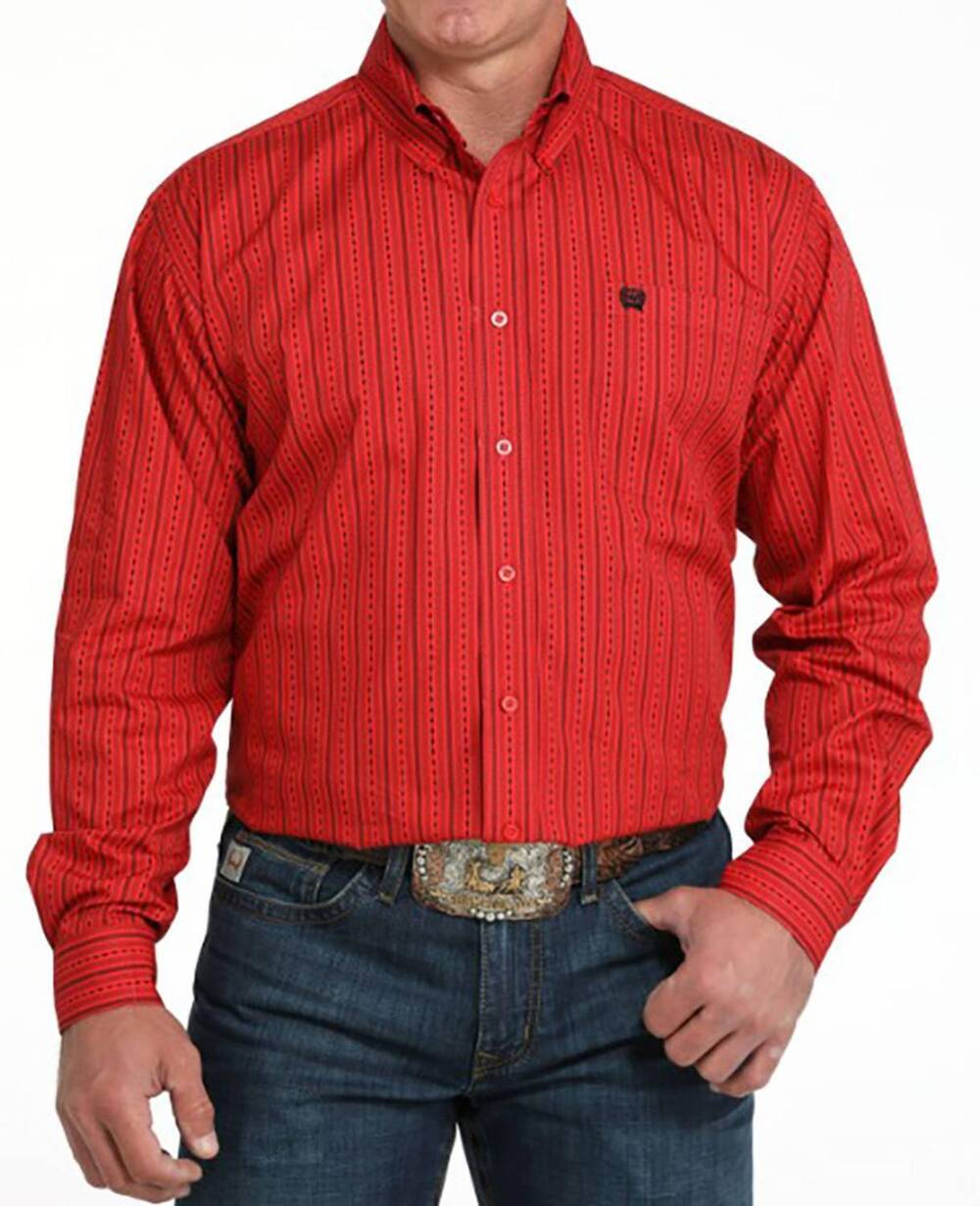 NEW CINCH men's long sleeve button down stripe shirt in red